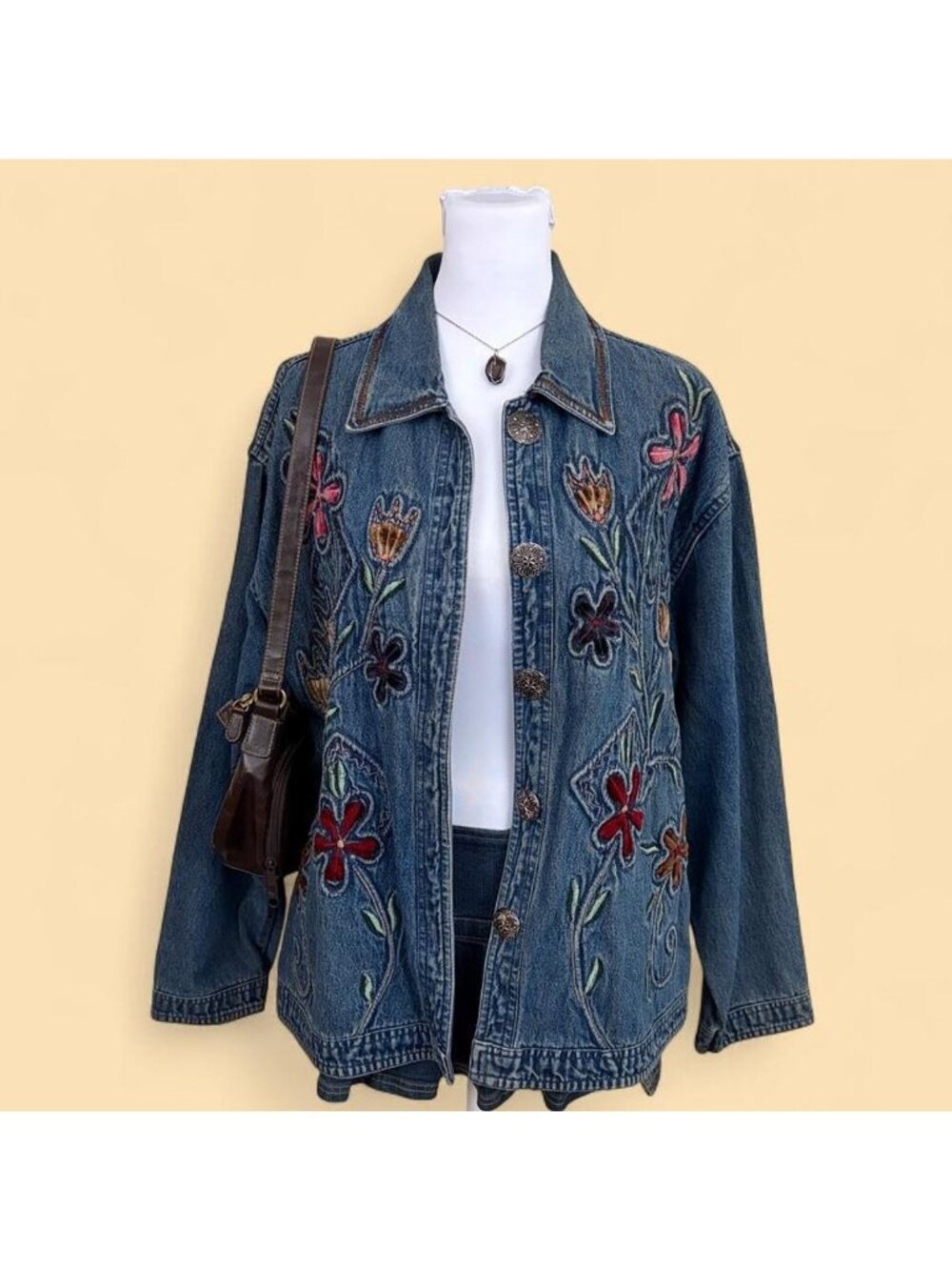 90s denim floral boho jean jacket